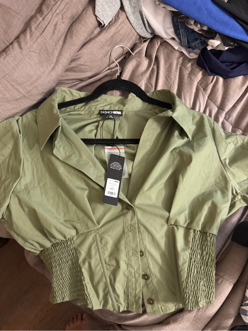 Fashion Nova Light Olive Short Sleeve Button-Front Collared Top